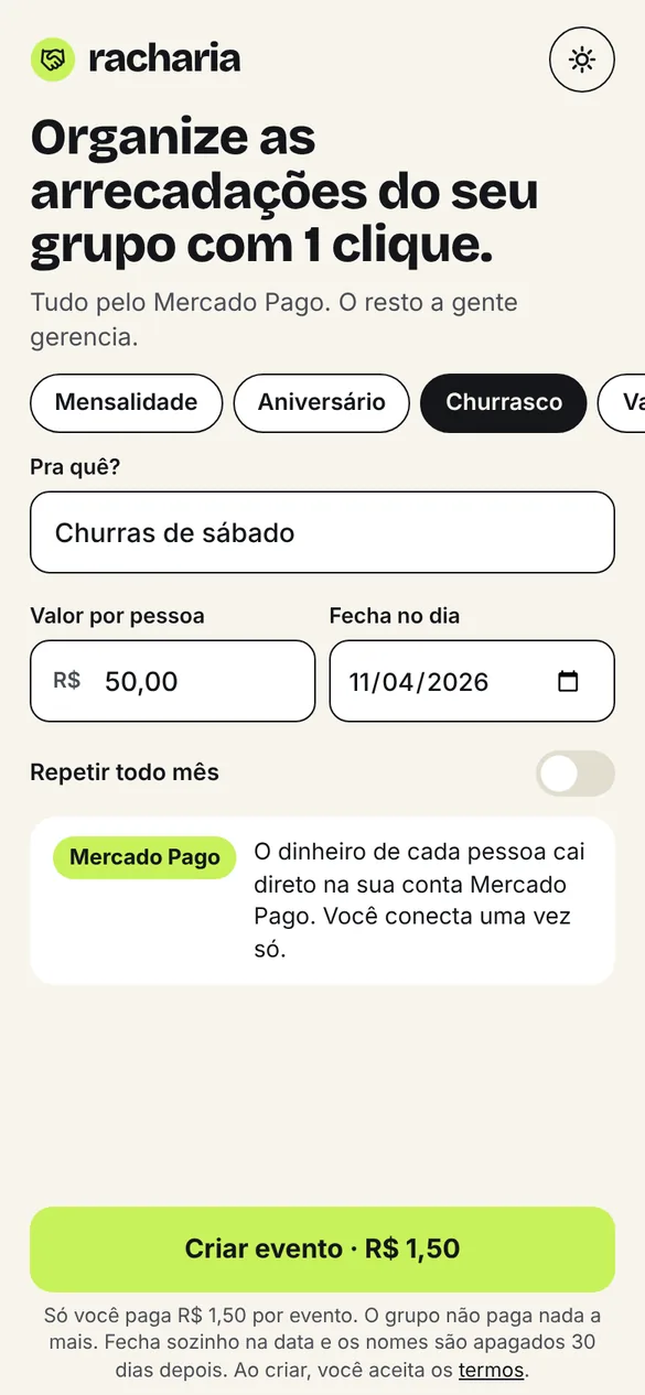 Tela de criar: tipo, nome, valor e data