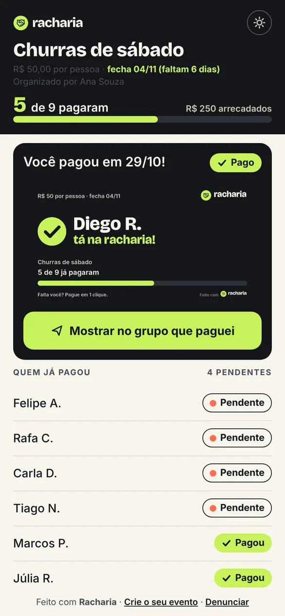 Tela de pagamento aprovado com o card para mostrar no grupo